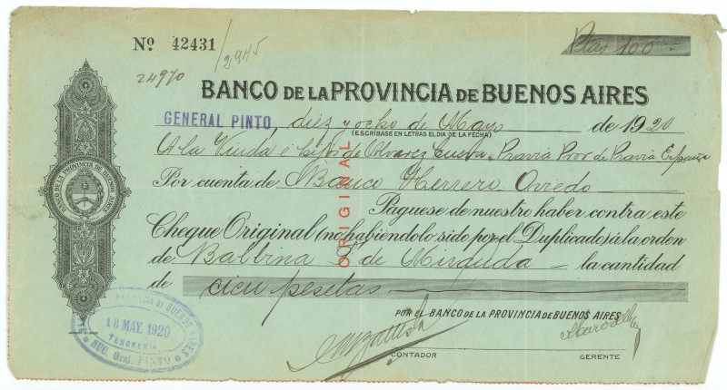 Argentina Banco de la Provincia de Buenos Aires Bill of Exchange for 100 Pesetas...