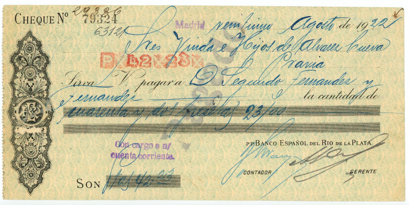 Argentina Banco Espanol del Rio de la Plata Cheque 1922
# 79324; Payable on Mad...