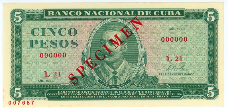 Cuba 5 Pesos 1968 Specimen
P# 103s, N# 205101; # L21 000000; Specimen; overprin...