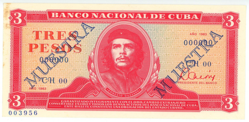 Cuba 3 Pesos 1983 Specimen
P# 107s, N# 205116; # CH00 000000; Specimen overprin...