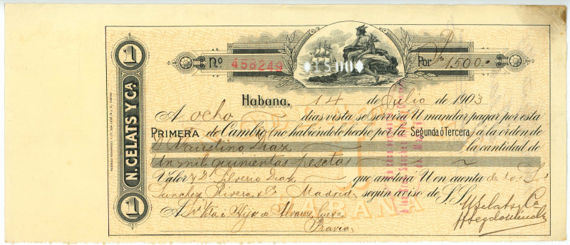 Cuba Bank N.Gelats & Co Habana Bill of Exchange for 1500 pesetas 1903
# 456249;...