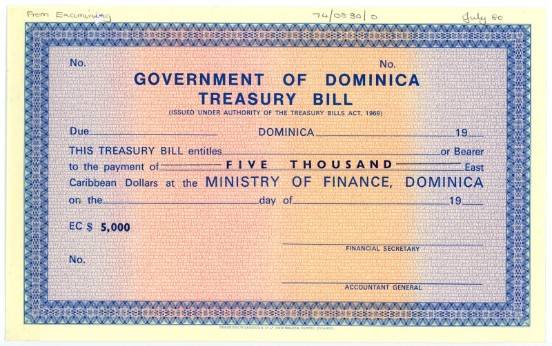 Dominica Government of Dominica Treasury Bill $5000 Note 1980
with watermarks o...