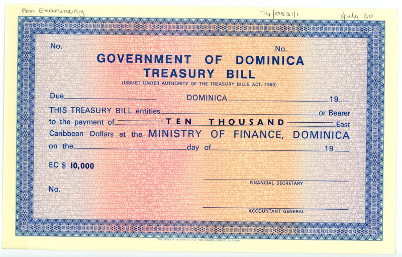 Dominica Government of Dominica Treasury Bill $10000 Note 1980
with watermarks ...