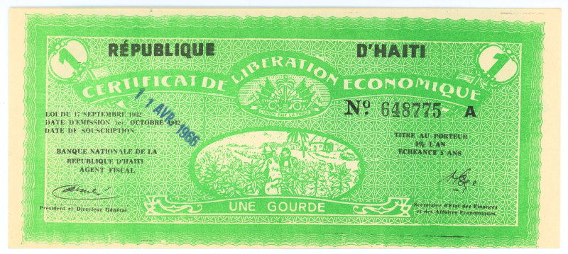 Haiti 1 Gourde 1962 (1966) Certificate
# A 648775; UNC