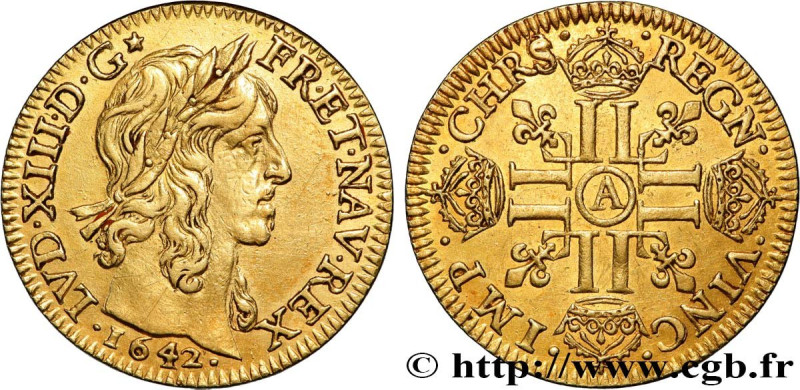 LOUIS XIII
Type : Louis d'or à la mèche mi-longue, 2e type 
Date : 1642 
Mint na...