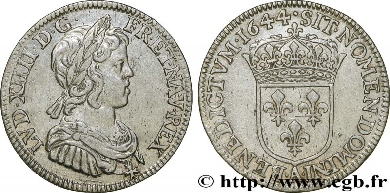 LOUIS XIV "THE SUN KING"
Type : Quart d’écu à la mèche courte 
Date : 1644 
Mint...