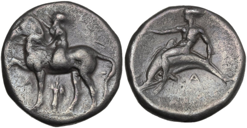 Greek Italy. Southern Apulia, Tarentum. AR Nomos, c. 380-340 BC. Obv. Nude youth...