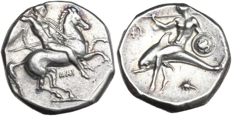 Greek Italy. Southern Apulia, Tarentum. AR Nomos, c. 302-290 BC. Obv. Warrior, n...