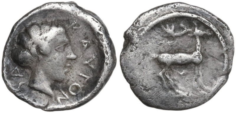 Greek Italy. Bruttium, Kaulonia. AR Diobol, c. 475-425 BC. Obv. ΚΑVΛΟΝSΑ. Head o...