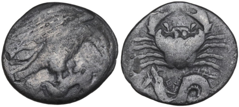 Sicily. Akragas. AR Hemidrachm, c. 420-410 BC. Obv. Eagle standing right on, and...