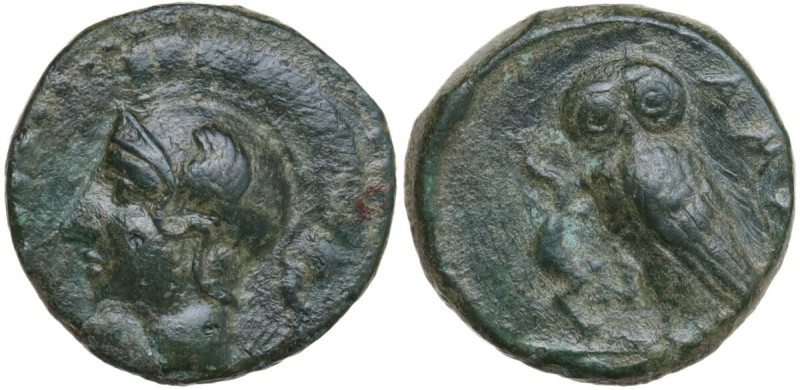 Sicily. Kamarina. AE Tetras or Trionkion, c. 410-405 BC. Obv. Head of Athena lef...