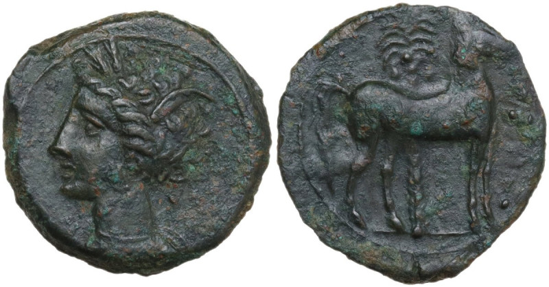 Punic Sardinia. AE 16.5 mm. c. 360-330 BC, uncertain mint. Obv. Wreathed head of...