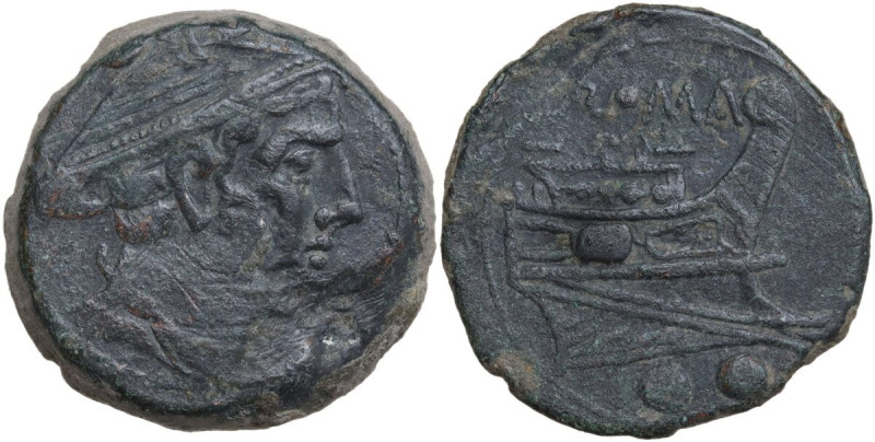 Anonymous post semilibral series. AE Sextans, 215-212 BC. Obv. Head of Mercury r...