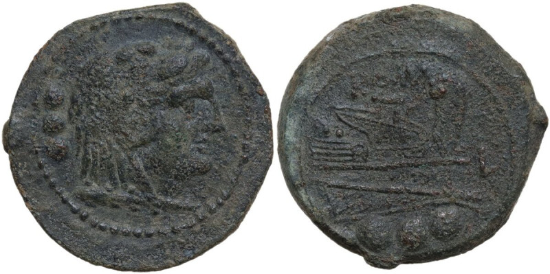 Fourth L series. AE Quadrans, c. 206-195 BC. Obv. Head of Hercules right, wearin...