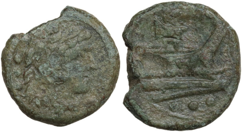 Rostrum tridens series. AE Quadrans, c. 206-195 BC. Obv. Head of Hercules right,...