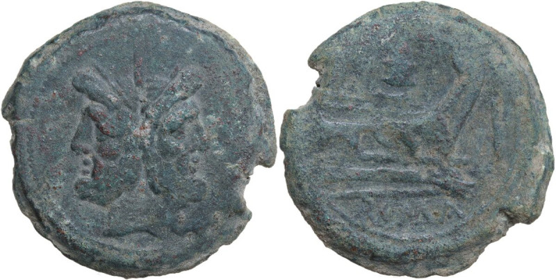 Meta series. AE As, c. 206-195 BC. Obv. Laureate head of Janus; above, mark of v...