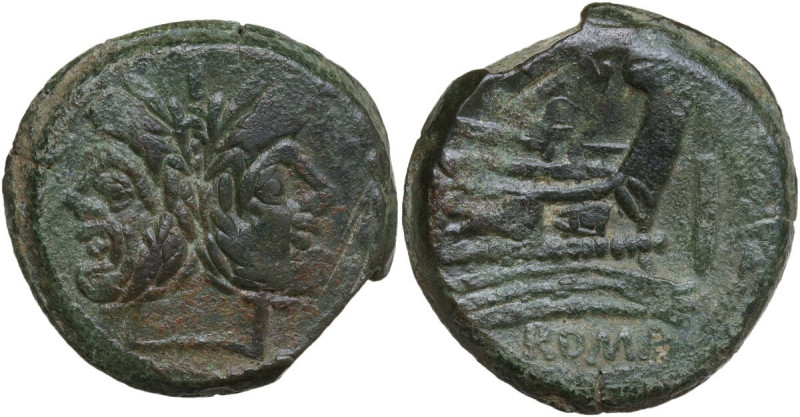 Valerius. AE As, c. 169-158 BC. Obv. Laureate head of Janus; above, I. Rev. Prow...