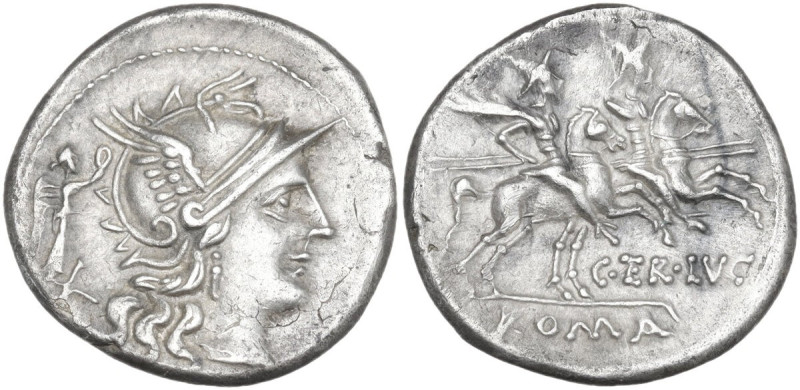 C. Terentius Lucanus. AR Denarius, 147 BC. Obv. Helmeted head of Roma right; beh...