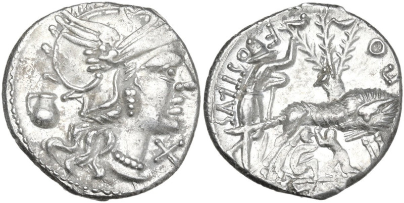 Sex. Pompeius Fostlus. AR Denarius, 137 BC. Obv. Helmeted head of Roma right; be...