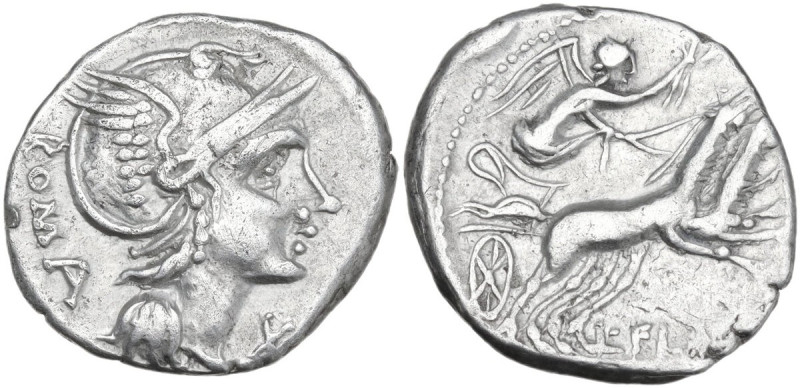 L. Flaminius Chilo. AR Denarius, 109 or 108 BC. Obv. Helmeted head of Roma right...