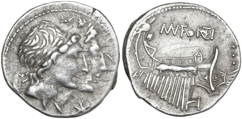 Mn. Fonteius. AR Denarius, 108-107 BC. Obv. Jugate and laureate heads of the Dio...