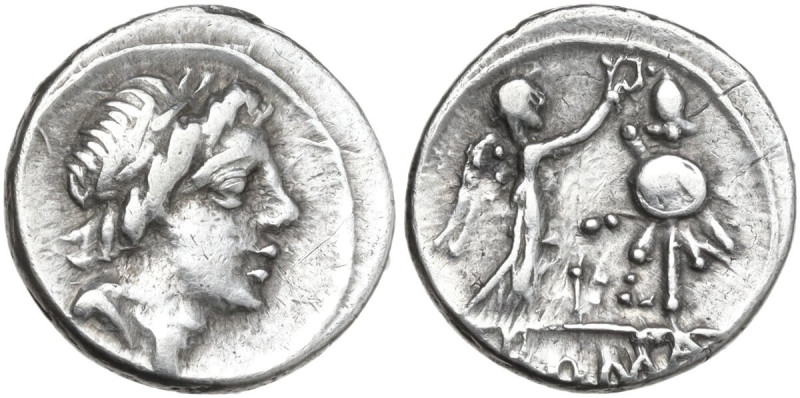 Anonymous. AR Quinarius, uncertain mint, 81 BC. Obv. Laureate head of Apollo rig...