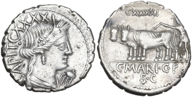 C. Marius C.f. Capito. AR Denarius serratus, 81 BC. Obv. Draped bust of Ceres ri...