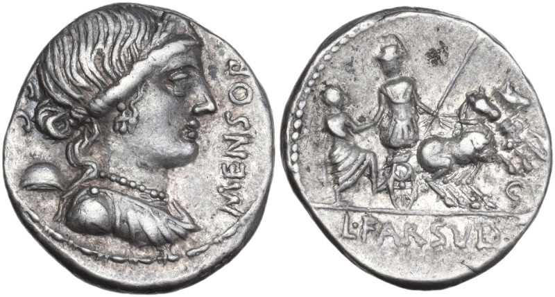 L. Farsuleius Mensor. AR Denarius, 75 BC. Obv. Diademed and draped bust of Liber...