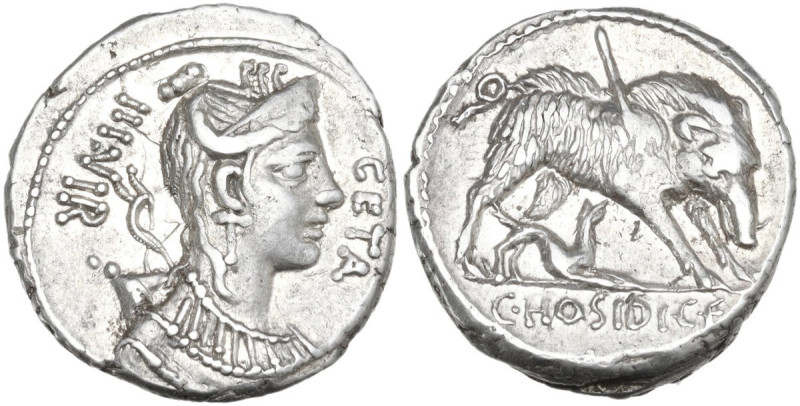 C. Hosidius C. f. Geta. AR Denarius, 68 BC. Obv. GETA-III·VIR. Diademed and drap...