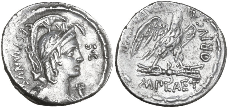 M. Plaetorius M. f. Cestianus. AR Denarius, 67 BC. Obv. Draped bust right with a...