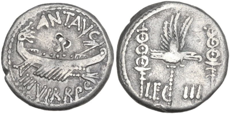 Marcus Antonius. AR Denarius, 32-31 BC. Obv. ANT. AVG III VIR. R. P. C. Praetori...