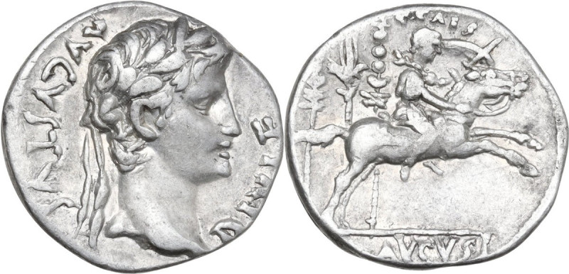 Augustus (27 BC - 14 AD). AR Denarius, Lugdunum mint, 8-7 BC. Obv. AVGVSTVS DIVI...