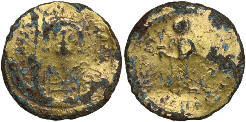 Justinian I (527-565). Unofficial Fourrée Solidus. Obv. Helmeted and cuirassed b...