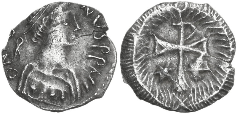 Justin II (565-578). AR Half Siliqua, Ravenna mint. Obv. [DN IVSTI] NVS PPΛ. Dia...