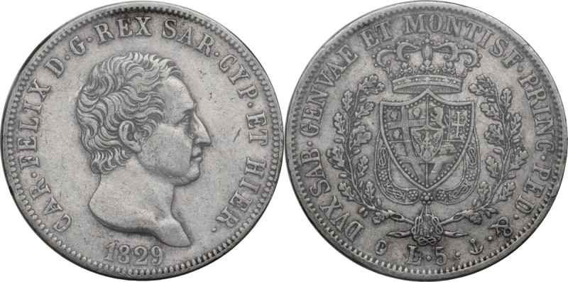 Carlo Felice (1821-1831). 5 lire 1829 Genova. Pag. (Regno) 76; MIR (Savoia) 1035...