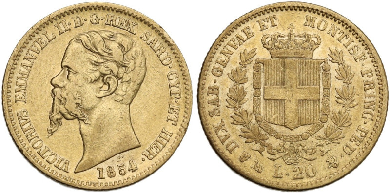 Vittorio Emanuele II, Re di Sardegna (1849-1861). 20 lire 1854 Genova, asse spos...