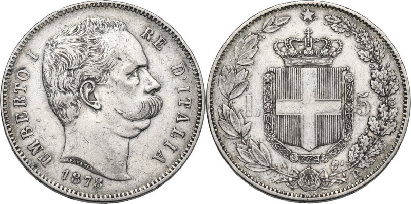 Umberto I (1878-1900). 5 lire 1878. Pag. (Regno) 589; MIR (Savoia) 1099. AG. 37....