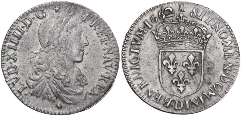 France. Louis XIV (1643-1715). 1/2 of Écu 1662 D au buste juvénile , Lyon mint. ...