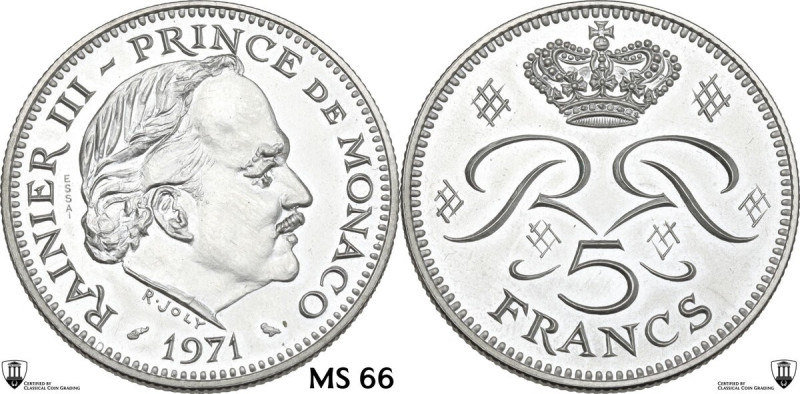 Monaco, Principality of. Rainier III (1949-2005). 5 francs 1971 ESSAI. KM E60; G...