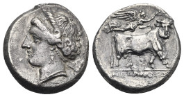 CAMPANIA. Neapolis. Circa 275-250 BC. Didrachm or nomos (Silver, 19.80 mm, 7.04 g). Head of nymph (Parthenope ?) to left, wearing pendant earring and ...