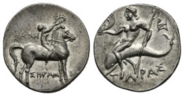 CALABRIA. Tarentum. Occupation of Hannibal, circa 212-209 BC. Half-Shekel or Reduced Nomos (Silver, 19.6 mm, 3.25 g). Nude youth on horseback right, p...
