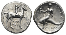 CALABRIA, Tarentum. Circa 280 BC. Nomos (Silver, 21.5 mm, 7.75 g). Nude youth on horse standing to right, crowning horse's head; ΣA to left, APE-ΘΩN i...