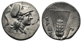 LUCANIA, Metapontion. Hannibalic occupation. Circa 215-207 BC. Half Shekel (Silver, 17.9 mm, 3.72 g) Helmeted head of Athena right, wearing crested Co...