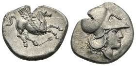 BRUTTIUM. Hipponium. 350-300 BC. Stater (Silver, 22.7 mm, 8.37 g). Pegasus flying right, caduceus below; Rev. Helmeted head of Athena facing right. Ca...