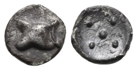 SICILY. Himera. Circa 483/2-472 BC. Pentonkion (Silver, 6 mm, 0.20 g). Astragalos. Rev. Five pellets (mark of value) within shallow round incuse. G. M...