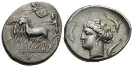 SICILY. Panormos. Circa 360-340 BC. Tetradrachm (Silver, 32 mm, 16.96 g). Charioteer, holding kentron and reins, driving fast quadriga left, above, Ni...