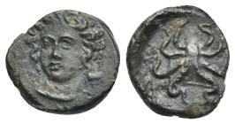 SICILY. Syracuse. Time of Dionysios I, 405-367 BC. Tetras (Bronze, 15.60 mm, 1.98 g). Circa 405-400 BC. Head of the nymph Arethusa facing slightly lef...