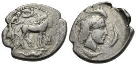 SICILY. Syracuse. Second Democracy. 466-405 BC. Tetradrachm (Silver, 30 mm, 16.93 g). Circa 460-440 BC. Quadriga driven at steady pace right by chario...