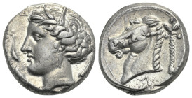 SICILY. Siculo-Punic. Entella. Tetradrachm (Silver, 23 mm, 17.28 g). Circa 320-300 BC. Head of Tanit-Persephone left, wearing grain wreath; four dolph...