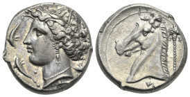 SICILY. Siculo-Punic. Entella. Tetradrachm (Silver, 24.5 mm, 17.04 g). Circa 320-300 BC. Head of Arethusa to left, wearing wreath of grain leaves, tri...